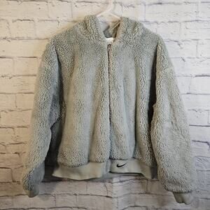Nike Women's Green Black Swoosh Faux Fur Jacket Hooded Women’s XL DD5116
